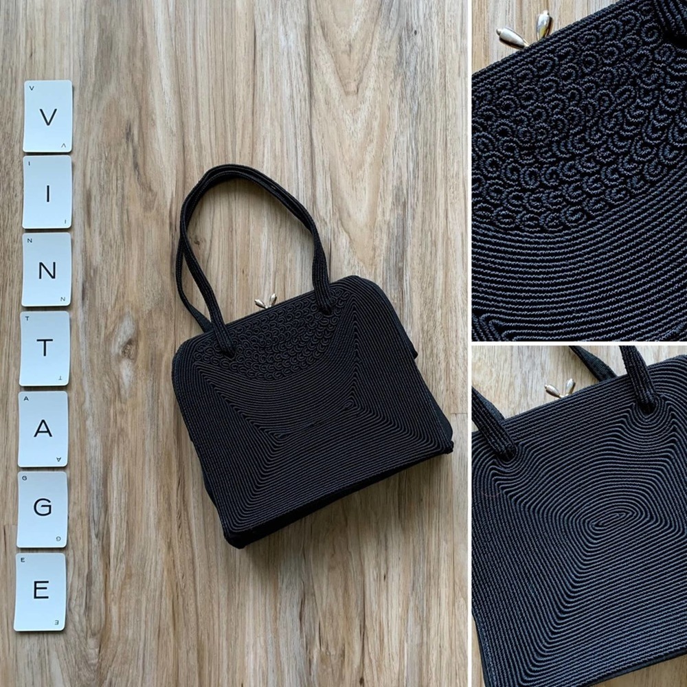 VINTAGE 1940s Black Corde Handbag by Gold Seal - Retro Handbag